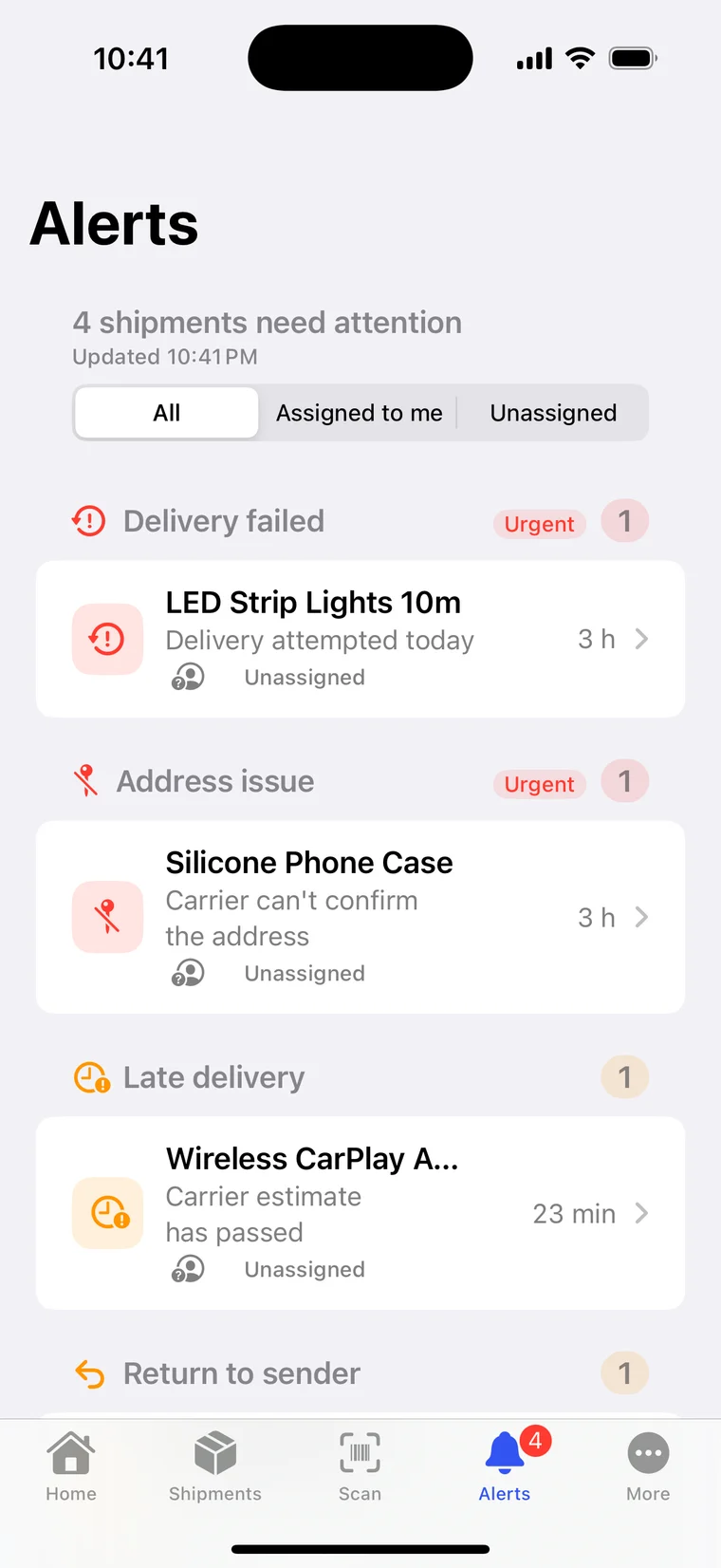 The Inbound iPhone app's Alerts inbox: 4 shipments need attention, grouped as delivery failed and address issue, both urgent, then late delivery and return to sender.